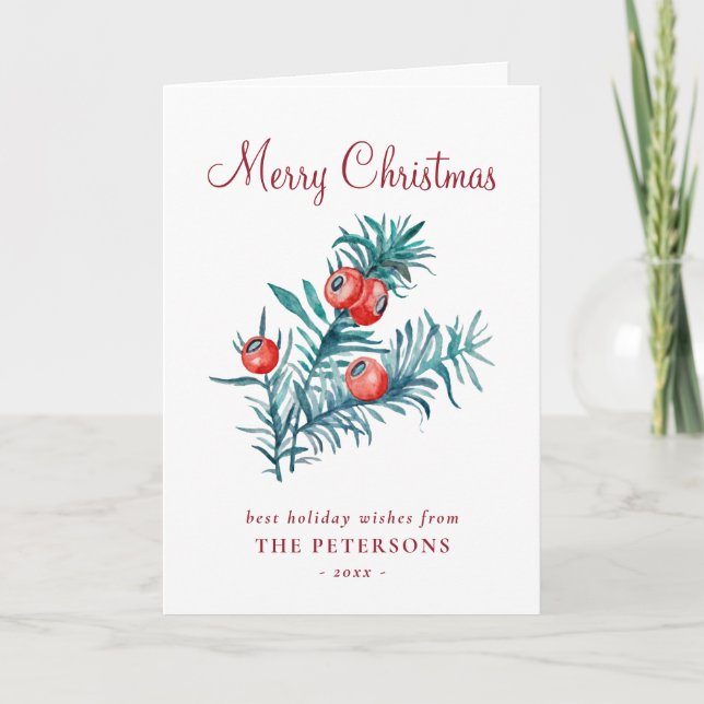 Carte Joyeux Noël Aquarelle Rouge Yew Berries Card (Devant)