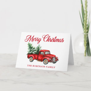 Carte Joyeux Noël Aquarelle Vintage Camion rouge Plier