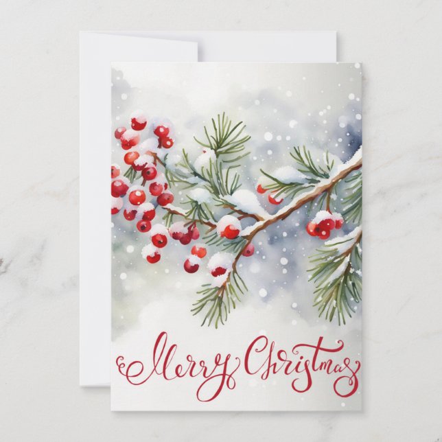 Carte Joyeux Noël avec baies rouges et pins (Devant)