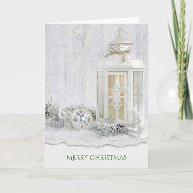 Carte Joyeux Noël blanc lanterne à bougie avec ornement (Devant)