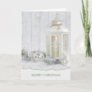 Carte Joyeux Noël blanc lanterne à bougie avec ornement