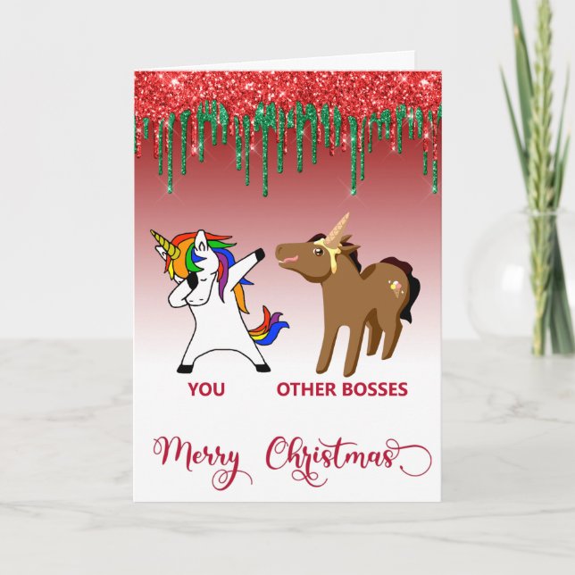 Carte Joyeux Noël Boss Unicorn Cheval Drôle (Devant)
