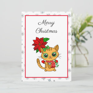 Carte Joyeux Noël Chat orange avec Poinsettia