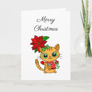 Carte Joyeux Noël Chat orange avec Poinsettia