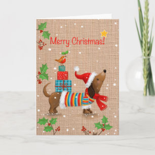 Carte Joyeux Noël, Chien avec des cadeaux sur son dos