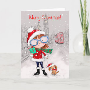 Carte Joyeux Noël, City Girl Walking her Dog