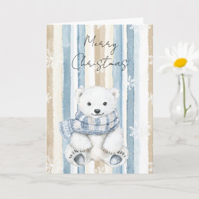 Carte Joyeux Noël Crème Bleue Snowflakes Stripes Ours (Petite plante)