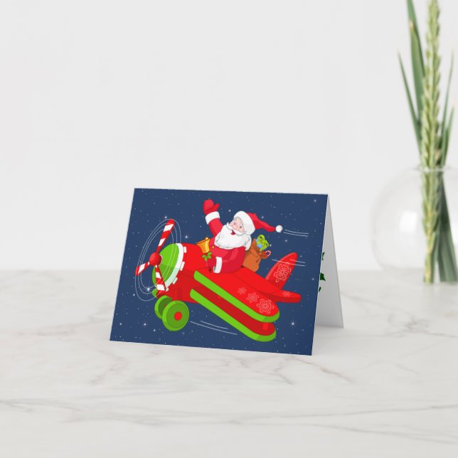 Carte Joyeux Noël d'avion volant Père Noël (Devant)