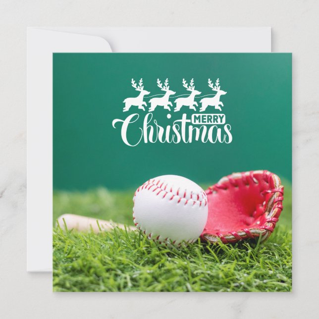 Carte Joyeux Noël de baseball avec cadeaux d'herbe verte (Devant)