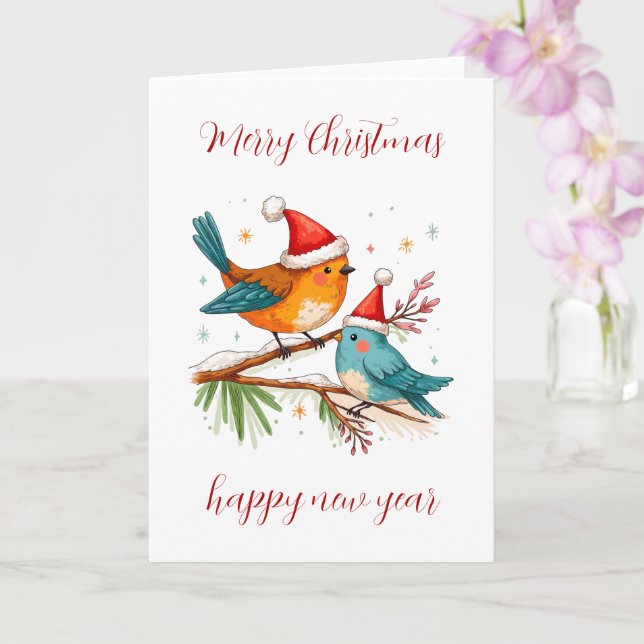 Carte Joyeux Noël Deux oiseaux amoureux (Orchidée)