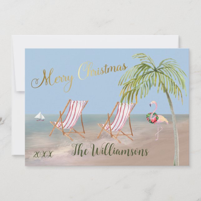 Carte Joyeux Noël du Flamant rose de palmiers de plage (Devant)