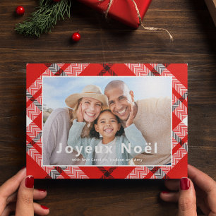 Carte Joyeux Noël Elegant Red Plaid Photo Français