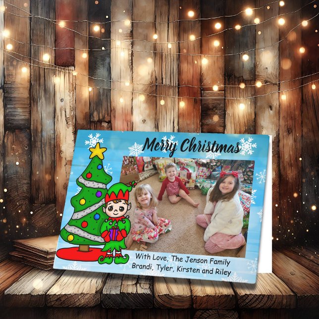 Carte Joyeux Noël, Elfe en dessin, Photo de vacances (Créateur téléchargé)