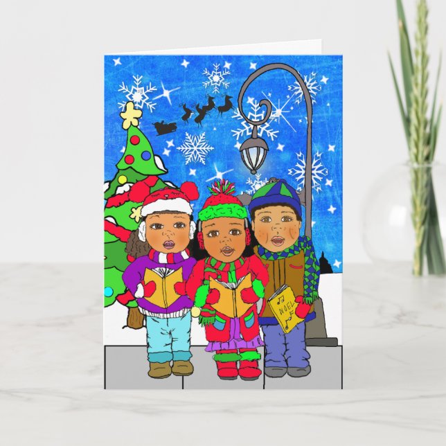 Carte Joyeux Noël Enfants Caroleurs Vacances (Devant)