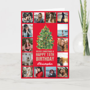 Carte Joyeux Noël et 15e Joyeux Anniversaire Rouge & Or