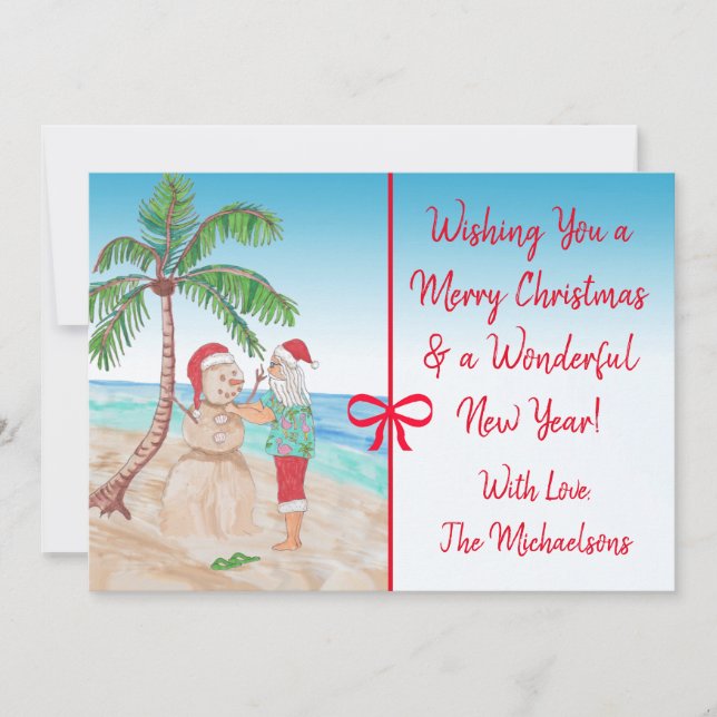 Carte Joyeux Noël et Bonne Année Père Noël sur la plage (Devant)
