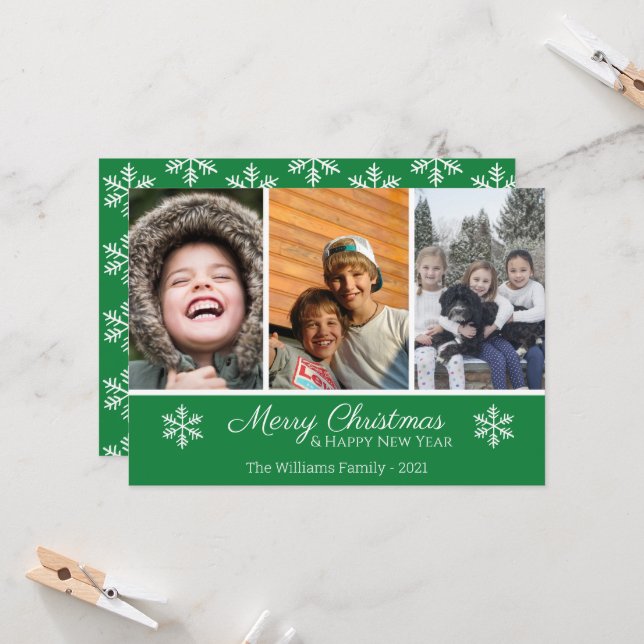 Carte Joyeux Noël Famille 3 Photo Snowflake (Devant/Arrière en situation)