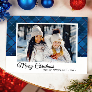 Carte Joyeux Noël Famille Photo Style Tartan Bleu