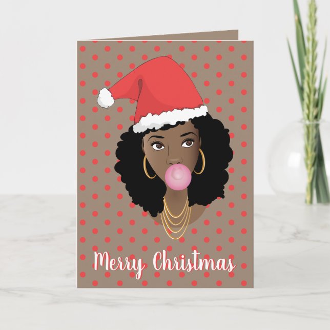 Carte Joyeux Noël! Femme noire, Chapeau de Père Noël, Bu (Devant)