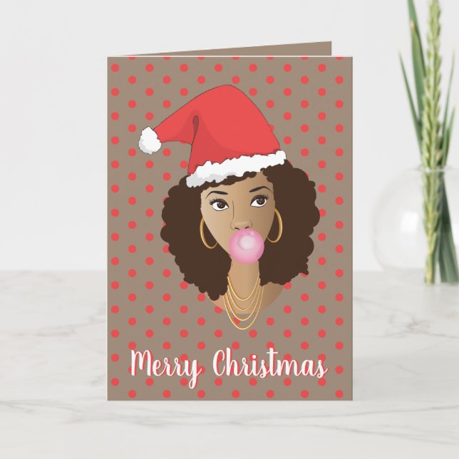 Carte Joyeux Noël! Femme noire, Chapeau de Père Noël, Bu (Devant)