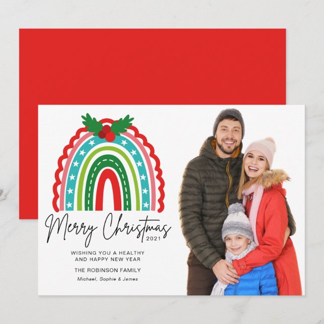 Carte Joyeux Noël Festif Rainbow Holly Photo (Devant / Derrière)