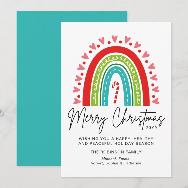 Carte Joyeux Noël Festive Rainbow Sucre de canne Coeur (Devant / Derrière)