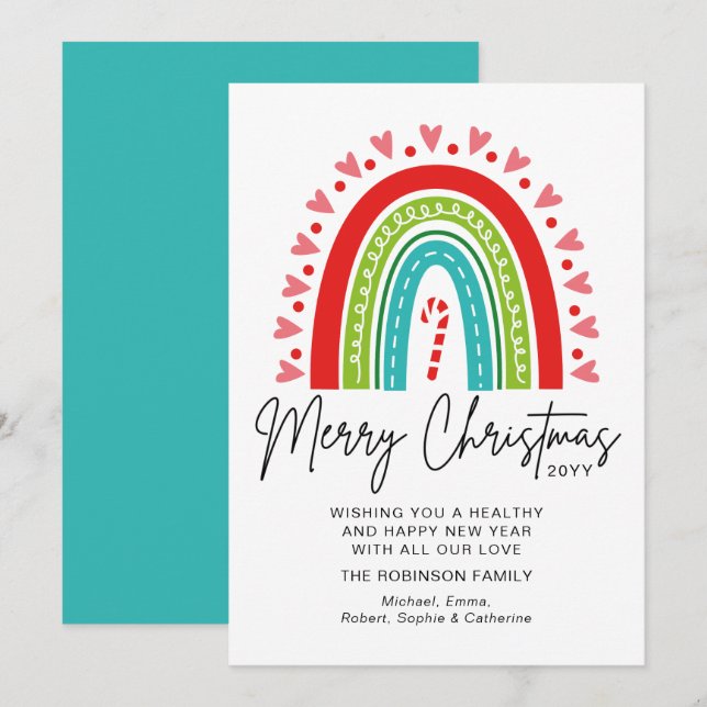 Carte Joyeux Noël Festive Rainbow Sucre de canne Coeur (Devant / Derrière)