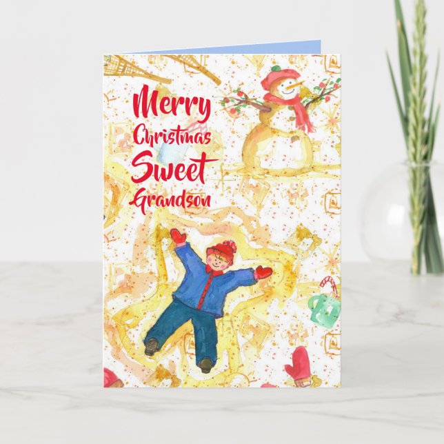 Carte Joyeux Noël Grand-fils Snowman Angels hiver (Devant)