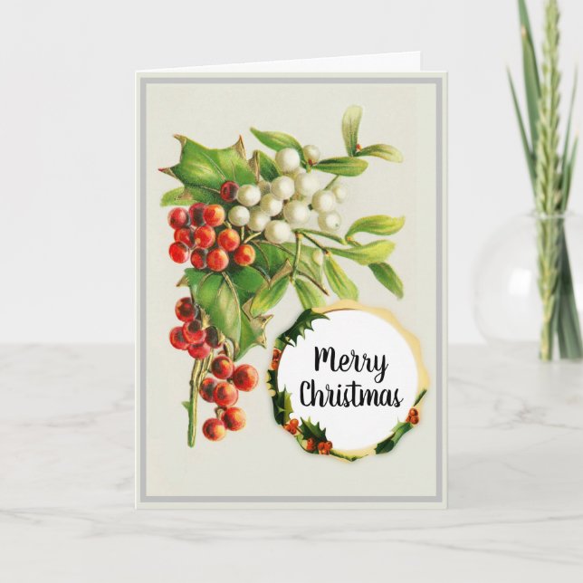 Carte Joyeux Noël Holly Berries Vintage (Devant)