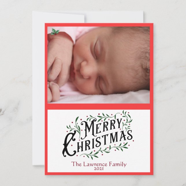 Carte Joyeux Noël Holly Feuilles Et Berries Photo (Devant)