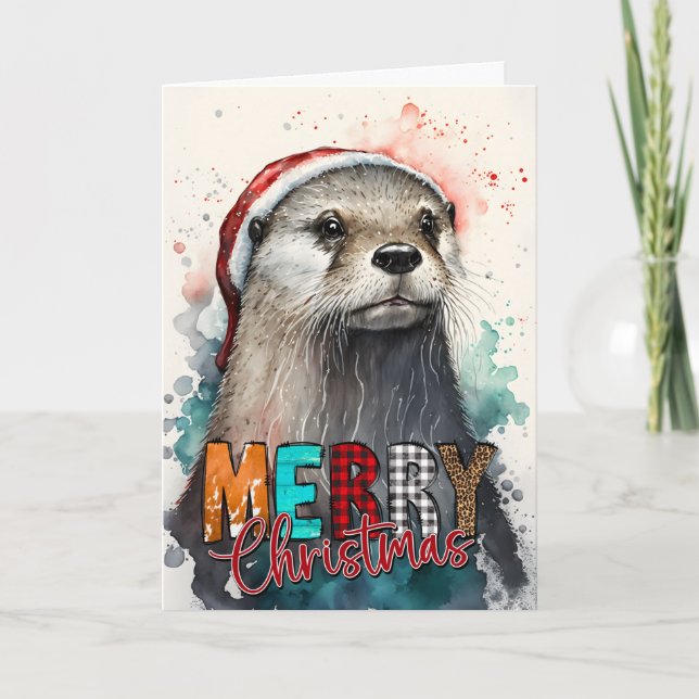 Carte Joyeux Noël mignonne Happy Père Noël Otter Card (Devant)