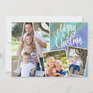 Carte Joyeux Noël Moderne Bleu Plaid Trois Photo