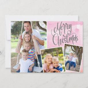 Carte Joyeux Noël moderne rose aquarelle trois photo