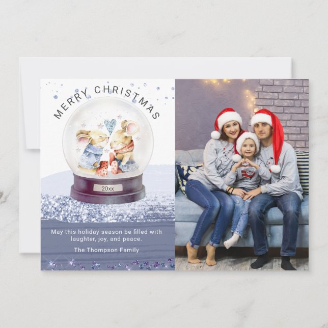 Carte Joyeux Noël Neige Globe mice photo (Devant)