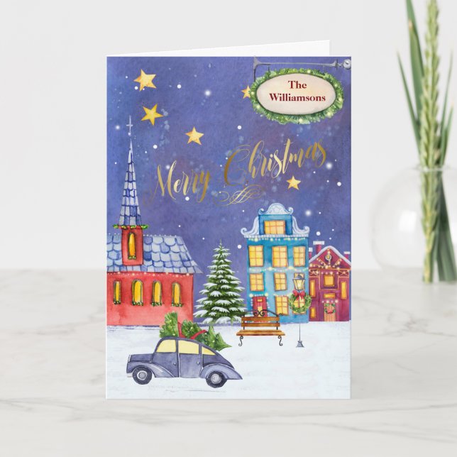 Carte Joyeux Noël Nom du village Neige (Devant)