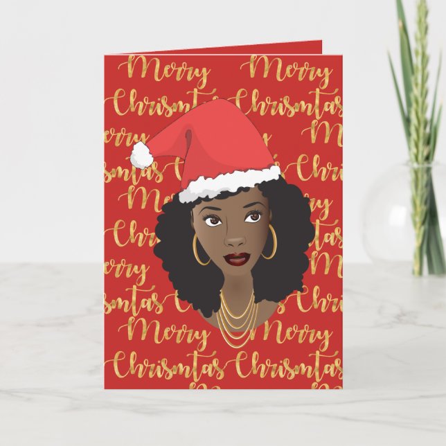 Carte Joyeux Noël Or & Rouge, Femme noire, Santa Hat (Devant)