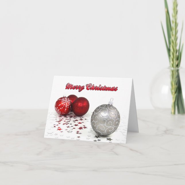 Carte Joyeux Noël Ornements Rouges et Argentés (Devant)