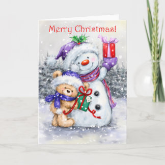 Carte Joyeux Noël, Ours mignon Bouddha avec Snowman