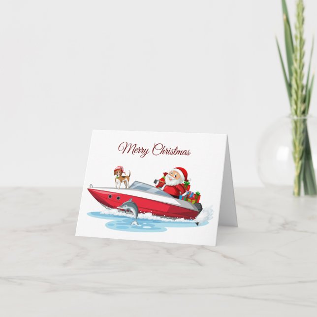 Carte Joyeux Noël Père Noël sur le bateau avec chien  (Devant)