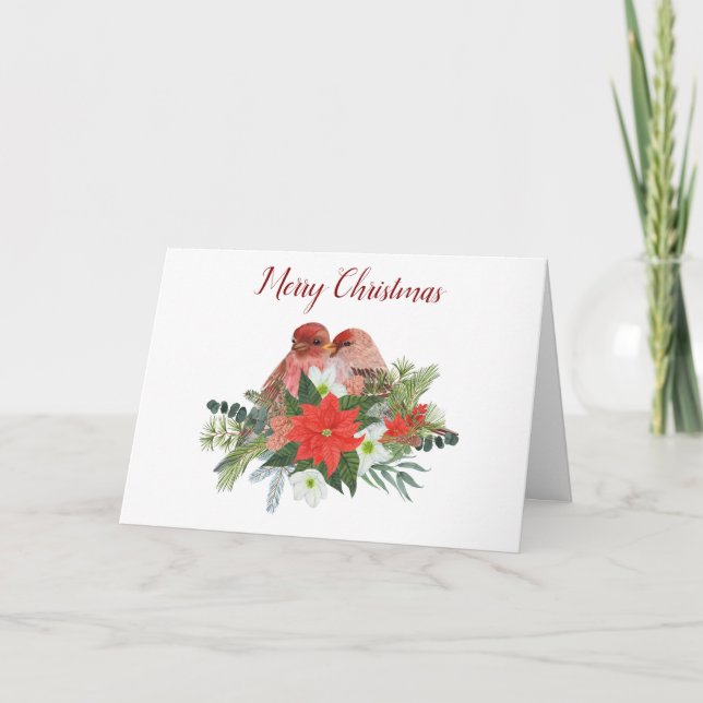 Carte Joyeux Noël Poinsettia et deux oiseaux rouges (Devant)