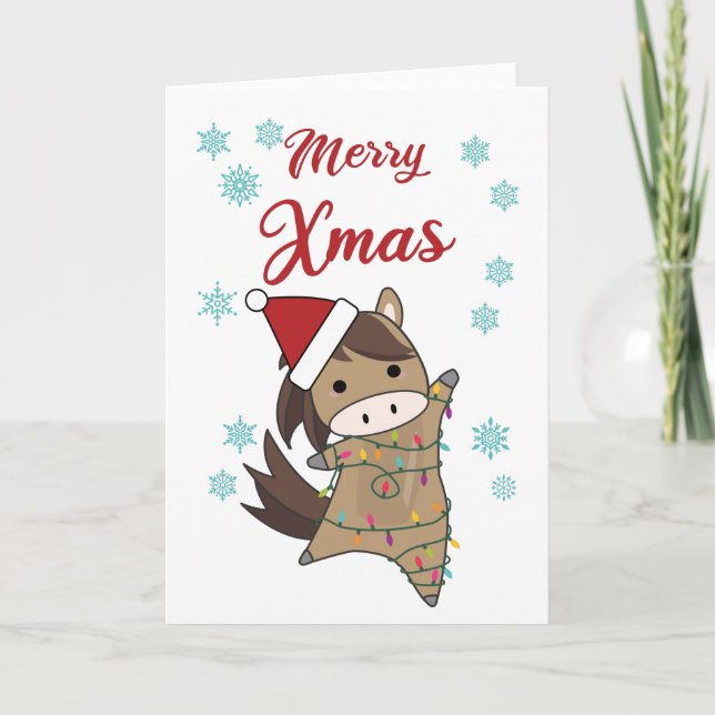 Carte Joyeux Noël Ponny Horse Neige Fée Lumières Animaux (Devant)