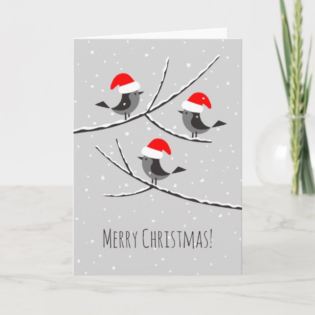 Carte Joyeux Noël Red Santa Hat Birds (Devant)
