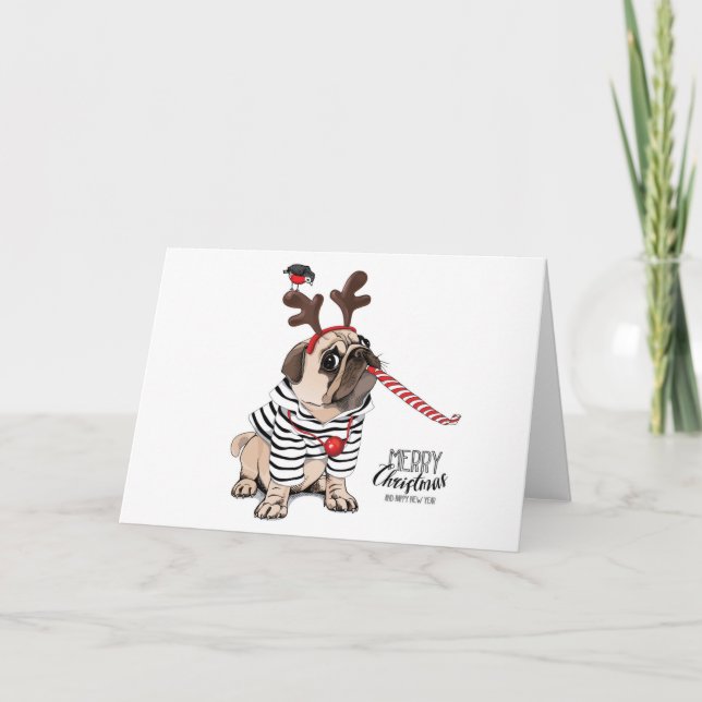 Carte Joyeux Noël | Reindeer Pug (Devant)