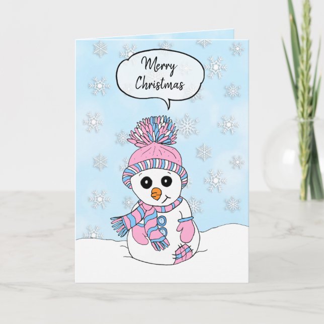 Carte Joyeux Noël rose et bonhomme de neige bleu (Devant)