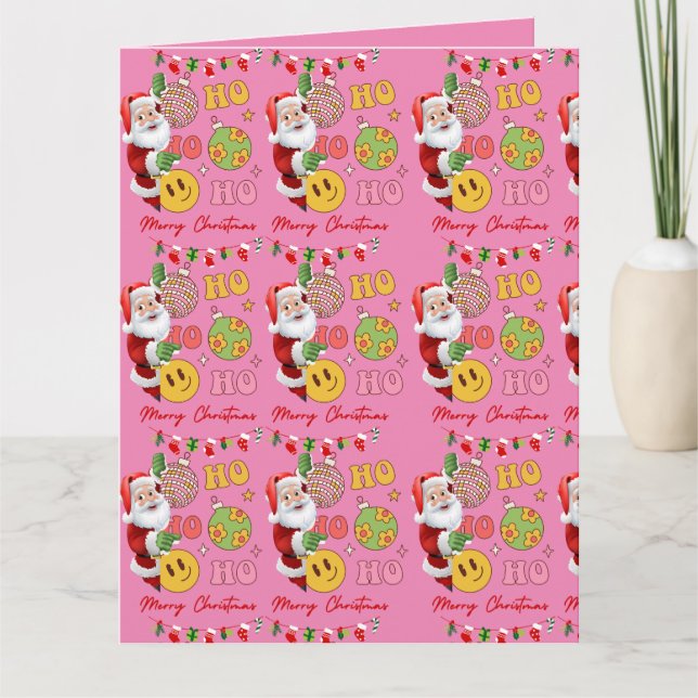 Carte Joyeux Noël rose moderne Père Noël (Devant)