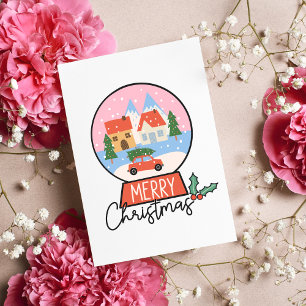 Carte Joyeux Noël rose & Red Snow Globe