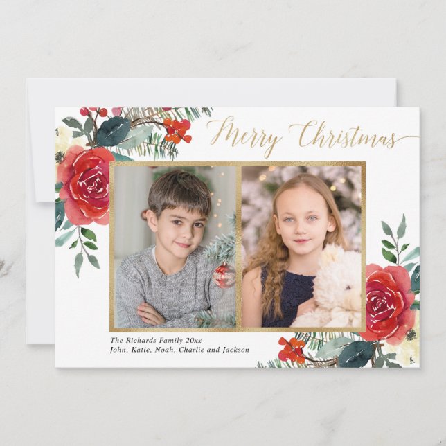 Carte Joyeux Noël rouge aquarelle florale deux photo (Devant)