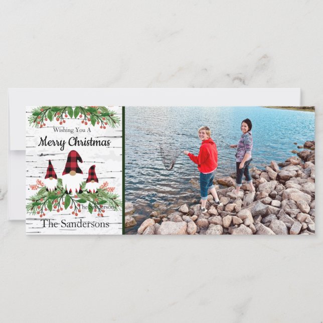 Carte Joyeux Noël Rouge Buffalo Plaid Gnomes Verdure (Devant)