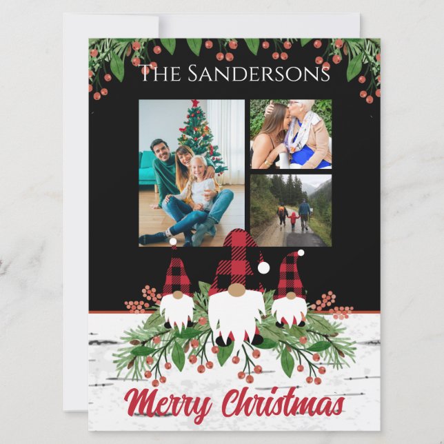 Carte Joyeux Noël Rouge Casquette Buffalo Plaid Gnomes N (Devant)