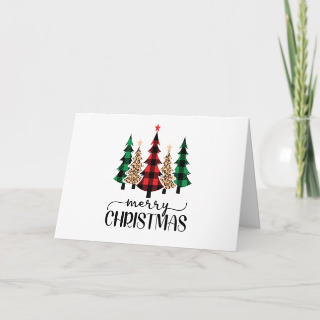 Carte Joyeux Noël Rouge Vert et Noir Plaid Arbres (Devant)
